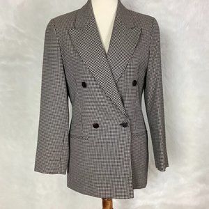 NEXT UK Brown & Ivory Houndstooth Check Wool Double Breasted Blazer UK 8 US 4